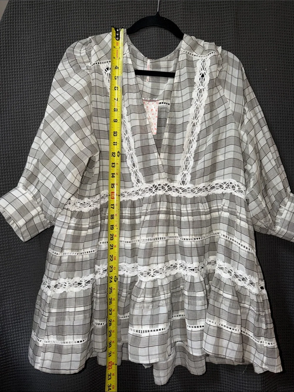 Free People NWT Gray Plaid Lace Trim Dress 100% Cotton